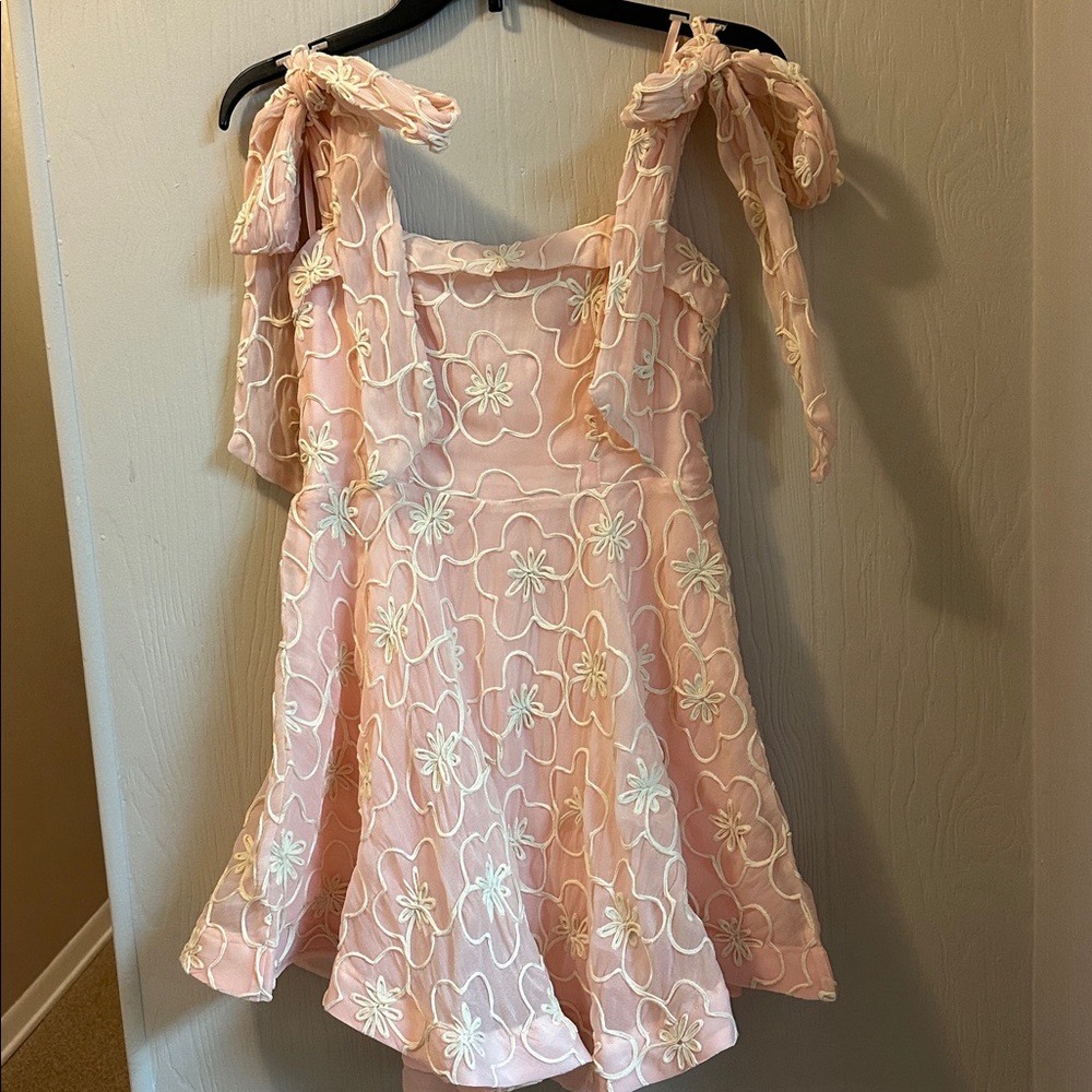 Pink Floral Embroidered Dress with Bow Straps